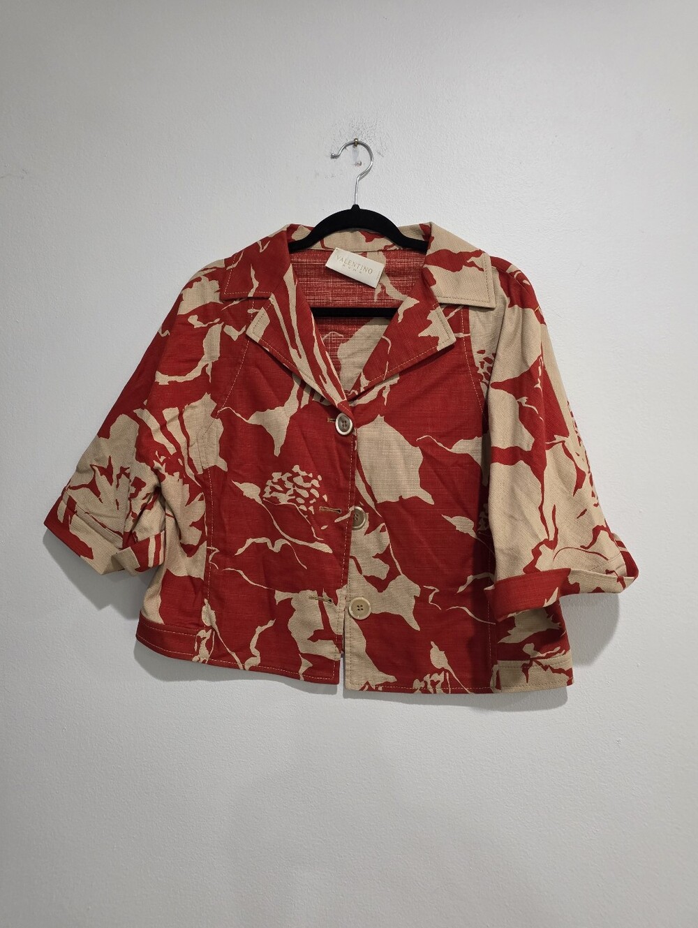 Valentino Roma Red & Beige Floral Print Cropped Cotton Jacket Sz 46 / US 10